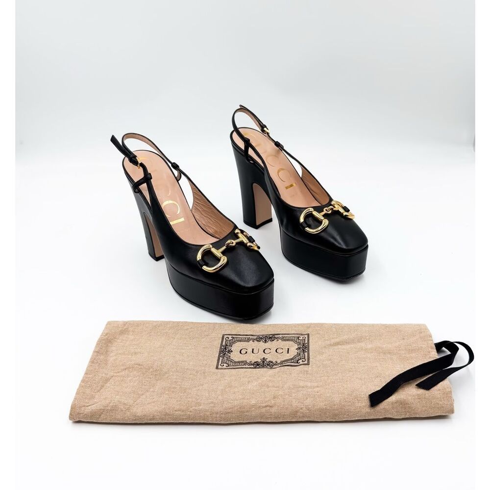 Gucci Horsebit Baby120 Platform Pumps EU 37 US 7 Black Leather Slingback